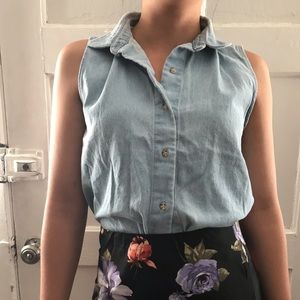 Denim sleeveless shirt crop top tie front